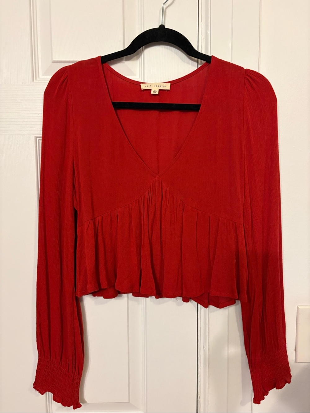 LA Hearts Red Deep V-Neck Ruffle Long-Sleeve Top Size Small